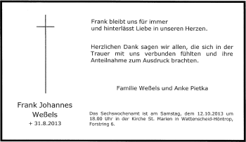 Traueranzeige von Frank Johannes Weßels von Tageszeitung