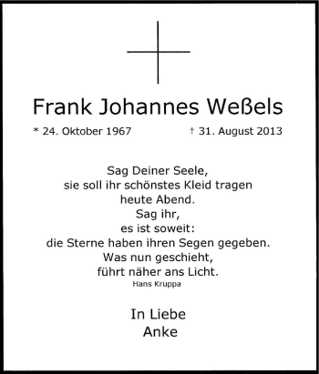 Traueranzeige von Frank Johannes Weßels von Tageszeitung
