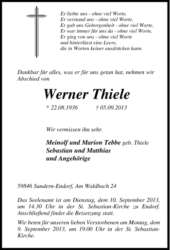 Traueranzeige von Werner Thiele von Tageszeitung