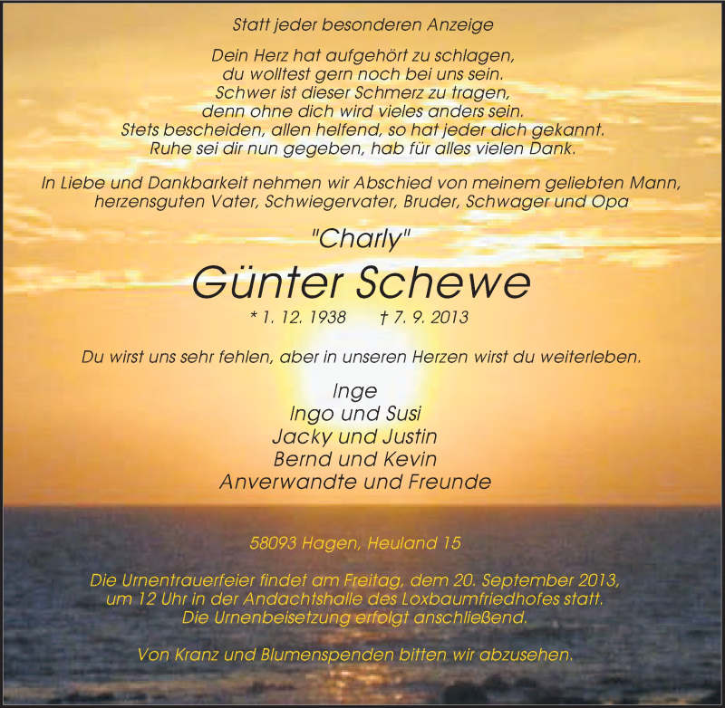  Traueranzeige für Günter Schewe vom 14.09.2013 aus Tageszeitung