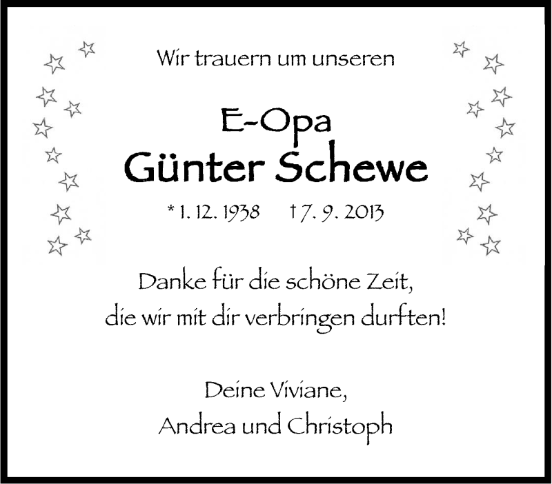  Traueranzeige für Günter Schewe vom 14.09.2013 aus Tageszeitung
