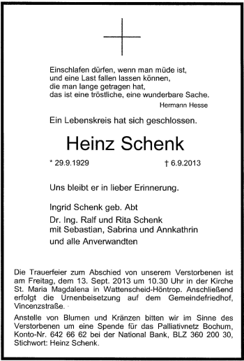Traueranzeige von Heinz Schenk von Tageszeitung
