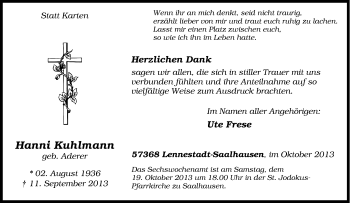 Traueranzeige von Hanni Kuhlmann von Tageszeitung