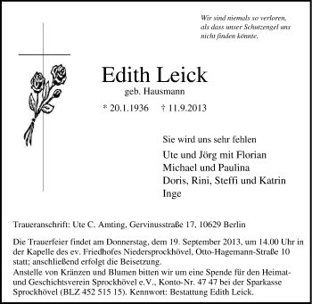 Traueranzeige von Edith Leick von Tageszeitung