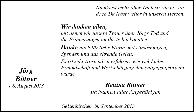  Traueranzeige für Jörg Bittner vom 21.09.2013 aus Tageszeitung