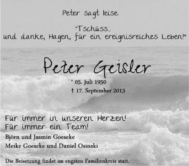 Traueranzeigen von Peter Geisler TrauerinNRW.de