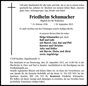 Traueranzeige von Friedhelm Schumacher von Tageszeitung