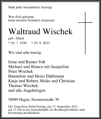 Traueranzeige von Waltraud Wischek von Tageszeitung