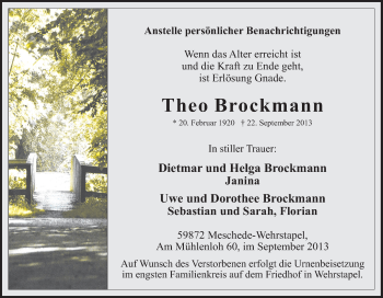 Traueranzeige von Theo Brockmann von Tageszeitung