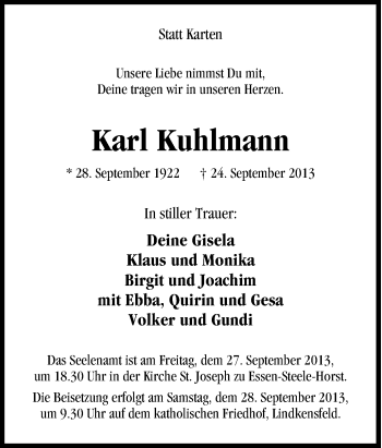 Traueranzeige von Karl Kuhlmann von Tageszeitung
