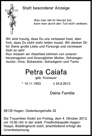 Traueranzeige von Petra Caiafa von Tageszeitung