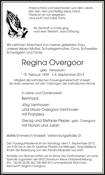 Traueranzeige von Regina Overgoor von Tageszeitung