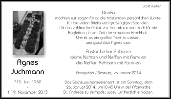 Traueranzeige von Agnes Juchmann von Tageszeitung