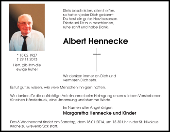 Traueranzeige von Albert Hennecke von Tageszeitung