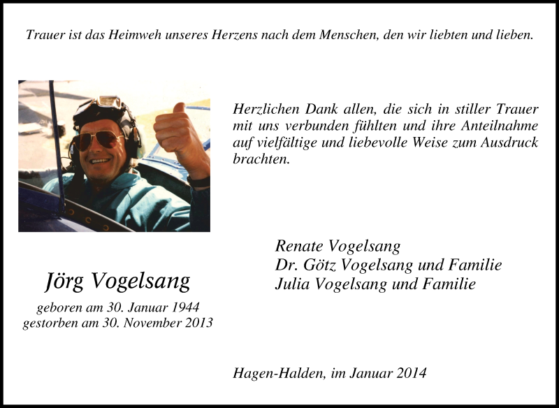  Traueranzeige für Jörg Vogelsang vom 11.01.2014 aus Tageszeitung