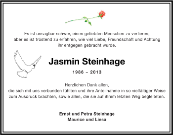 Traueranzeige von Jasmin Steinhage von Tageszeitung