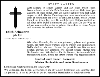 Traueranzeige von Edith Schauerte von Tageszeitung