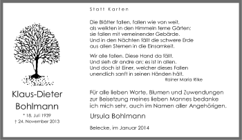 Traueranzeige von Klaus-Dieter Bohlmann von Tageszeitung