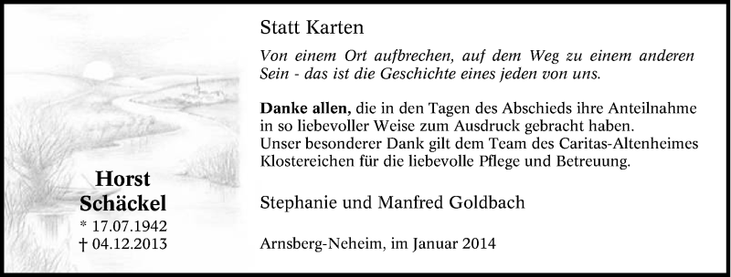  Traueranzeige für Horst Schäckel vom 11.01.2014 aus Tageszeitung