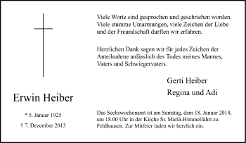 Traueranzeige von Erwin Heiber von Tageszeitung