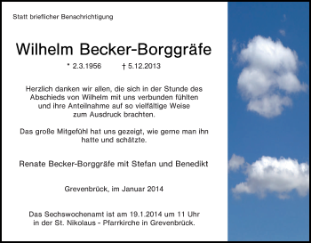 Traueranzeige von Wilhelm Becker-Borggräfe von Tageszeitung