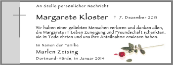 Traueranzeige von Margarete Kloster von Tageszeitung