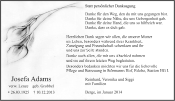Traueranzeige von Josefa Adams von Tageszeitung