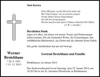 Traueranzeige von Werner Broichhaus von Tageszeitung