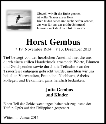 Traueranzeige von Horst Gembus von Tageszeitung