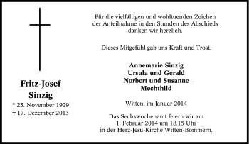 Traueranzeige von Fritz-Josef Sinzig von Tageszeitung