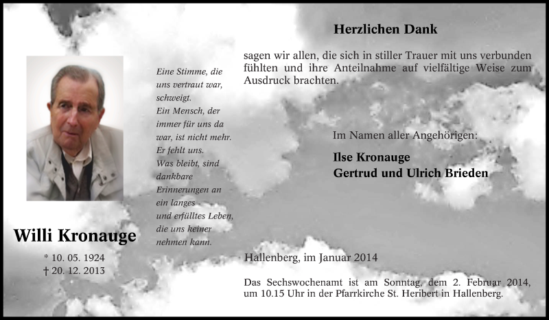  Traueranzeige für Willi Kronauge vom 25.01.2014 aus Tageszeitung