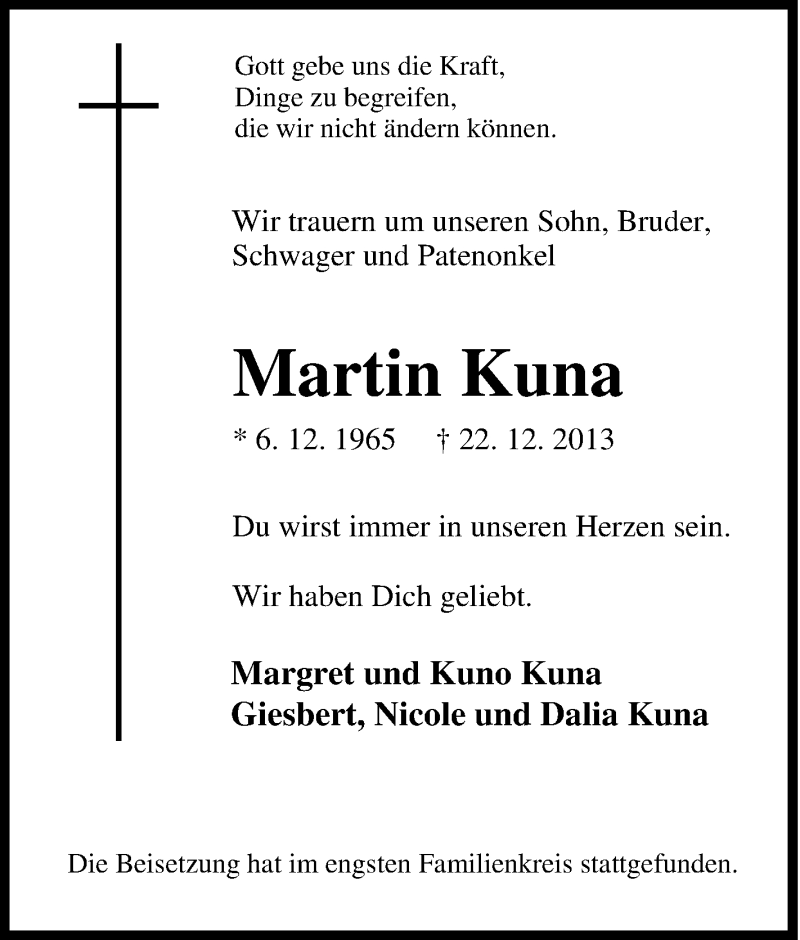  Traueranzeige für Martin Kuna vom 04.01.2014 aus Tageszeitung