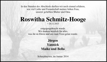 Traueranzeige von Roswitha Schmitz-Hooge von Tageszeitung