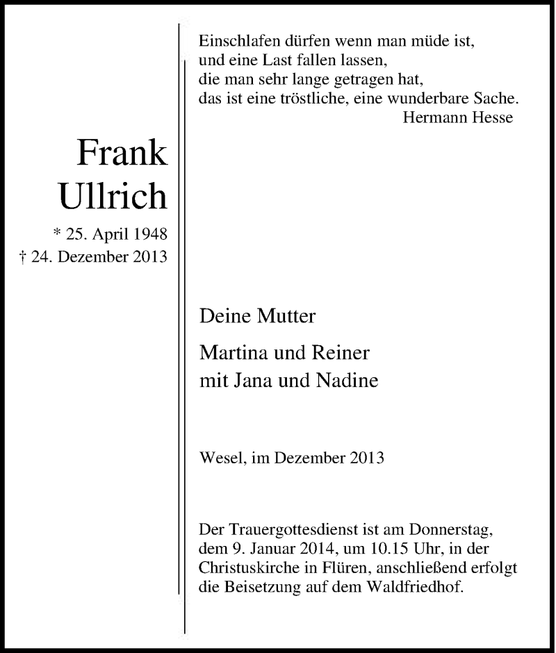  Traueranzeige für Frank Ullrich vom 04.01.2014 aus Tageszeitung