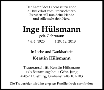 Traueranzeige von Inge Hülsmann von Tageszeitung