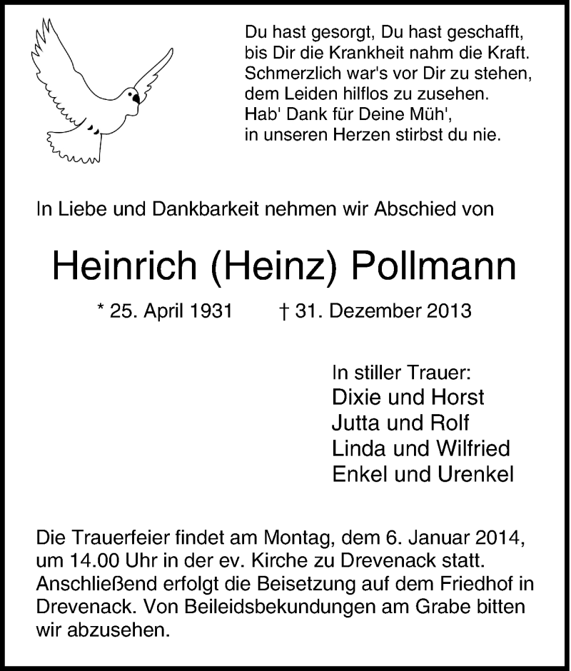 Traueranzeigen von Heinrich Pollmann TrauerinNRW.de