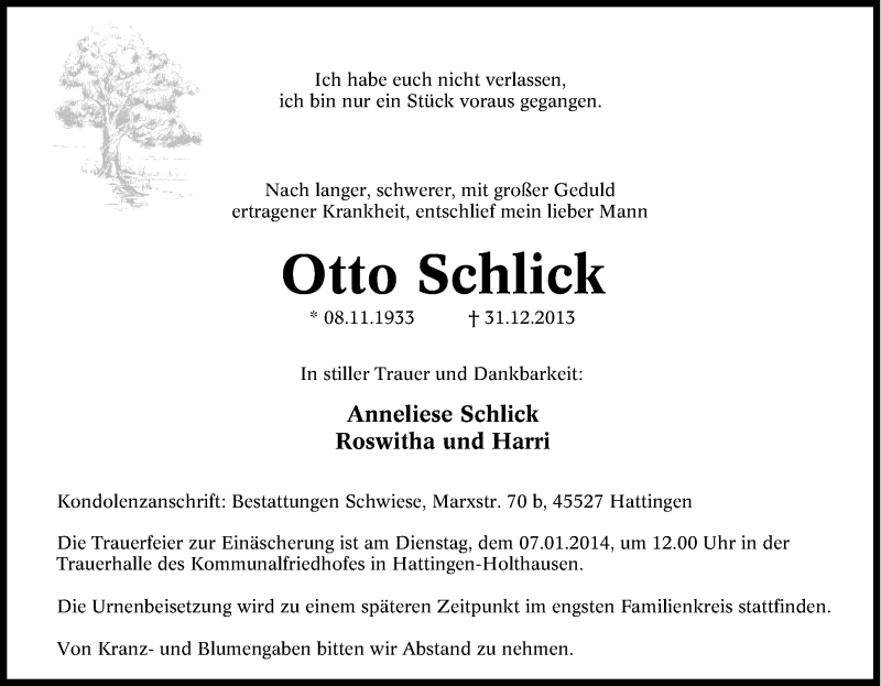 Traueranzeigen von Otto Schlick TrauerinNRW.de