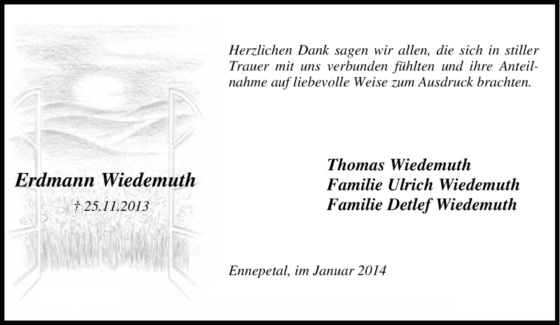  Traueranzeige für Erdmann Wiedemuth vom 04.01.2014 aus Tageszeitung