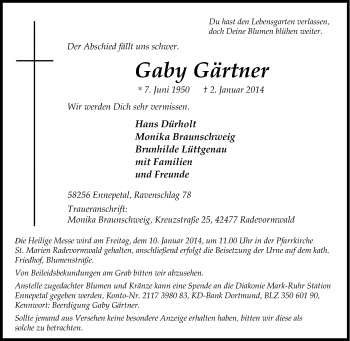 Traueranzeigen von Gaby Gärtner TrauerinNRW.de
