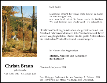 Traueranzeige von Christa Braun von Tageszeitung