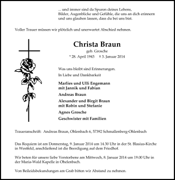 Traueranzeige von Christa Braun von Tageszeitung