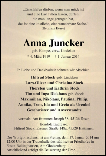 Traueranzeige von Anna Juncker von Tageszeitung