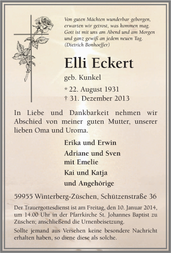 Traueranzeige von Elli Eckert von Tageszeitung