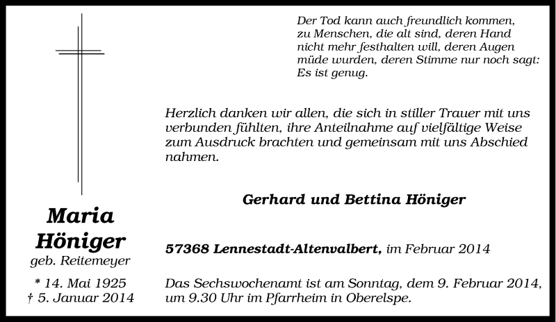  Traueranzeige für Maria Höniger vom 07.01.2014 aus Tageszeitung