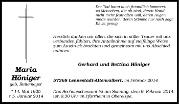 Traueranzeige von Maria Höniger von Tageszeitung