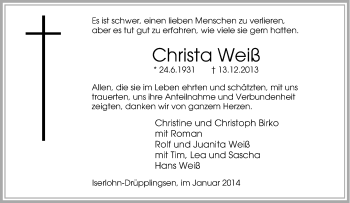 Traueranzeige von Christa Weiß von Tageszeitung