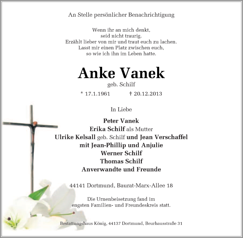  Traueranzeige für Anke Vanek vom 11.01.2014 aus Tageszeitung