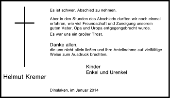 Traueranzeige von Helmut Kremer von Tageszeitung
