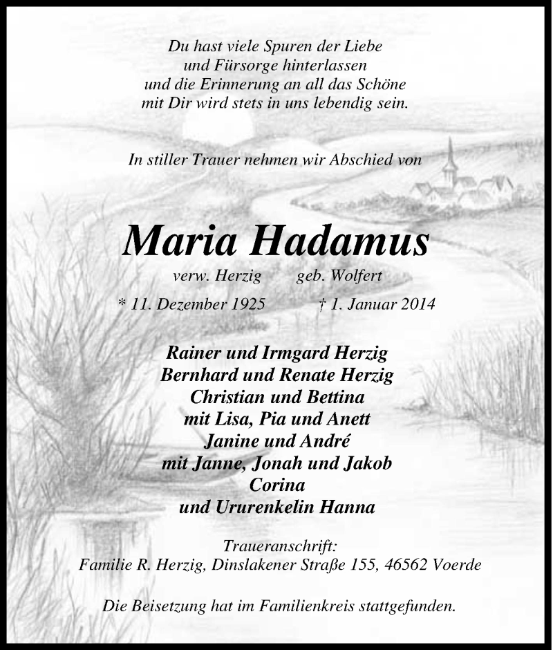  Traueranzeige für Maria Hadamus vom 11.01.2014 aus Tageszeitung