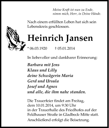 Traueranzeige von Heinrich Jansen von Tageszeitung